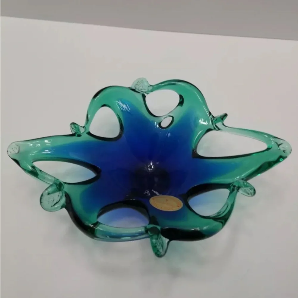 MURANO GLASS fruit bowl decoration home blue green 9in